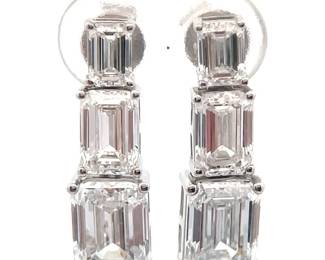 4 Carat Diamond Three-Stone Baguette Linear Dangle Earrings in 14k White Gold