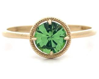 Green Gem Round Solitaire Twisted Rope Bezel Ring in Yellow Gold