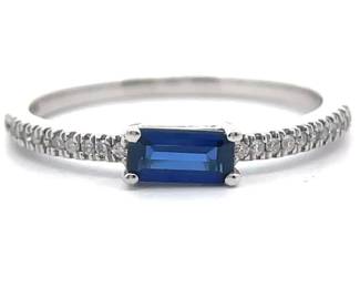 East-West 0.10 Carat Baguette Sapphire & Pavé Diamond Stacking Ring in 14k White Gold