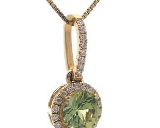 NEW! Natural Green Sapphire & Pavé Diamond Halo Pendant in 14k Yellow Gold