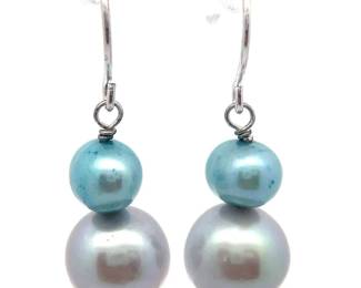Teal & Silver Freshwater Pearl Double Drop French Wire Earrings