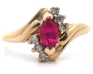 Red Spinel & Natural Diamond Curved Bypass Ring in Yellow Gold