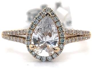 NEW! 0.25 Carat Diamond Pear Halo Split Shank Pavé Ring in 14k Yellow Gold