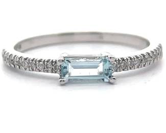 East-West 0.10 Carat Natural Aquamarine & Diamond Stacking Ring in 14k White Gold