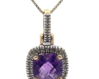 Cushion Checkerboard Amethyst & Natural Diamond Halo Pendant in Yellow Gold