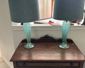#10 - $128 - Turquoise pair of glass lamps 28T