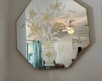 #12 - $80 - Octagonal mirror etched with flowers in a vase 80's style 
