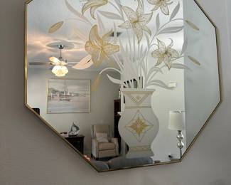 #12 - $80 - Octagonal mirror etched with flowers in a vase 80's style 
