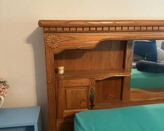 #44 - $240 - 78"W back oak headboard with queen mattress with topper (one small stain on mattress)

