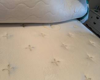 #44 - $240 - 78"W back oak headboard with queen mattress with topper (one small stain on mattress)