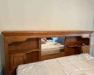 #44 - $240 - 78"W back oak headboard with queen mattress with topper (one small stain on mattress)