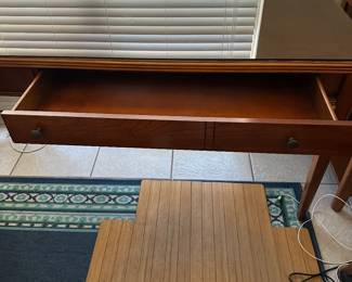 #50 - $180 - Wood desk inlaid with glass top 60x26x37 - 2 drawers 
