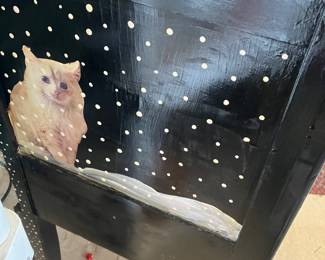 74 120.00 Imognene Nichols painted Side table with 3 drawers black painted with cats on both sides 15Wx17Dx30H