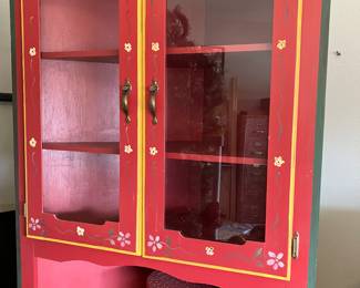 79 280.00 Imognene Nichols painted vintage red painted corner cabinet by Imogene Echols 36Wx16Dx78H