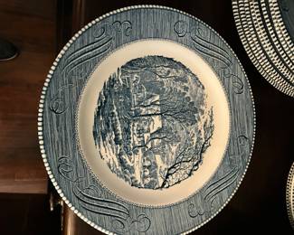 29 250.00 Currier & Yves by Royal blue & cream "The Old Grist Mill" set of 16 plates, 7 soup plates, 13B&B, 16 pudding bowls, 23 cups & saucers & 2 cups, 1 round dish (small chip)1 oval dish + 3 extra plates odd