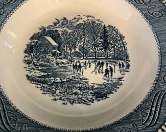 29 250.00 Currier & Yves by Royal blue & cream "The Old Grist Mill" set of 16 plates, 7 soup plates, 13B&B, 16 pudding bowls, 23 cups & saucers & 2 cups, 1 round dish (small chip)1 oval dish + 3 extra plates odd