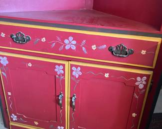 79 280.00 Imognene Nichols painted vintage red painted corner cabinet by Imogene Echols 36Wx16Dx78H