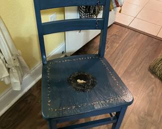 17 50.00 Imogene Echols Handpainted blue chair with egg nest