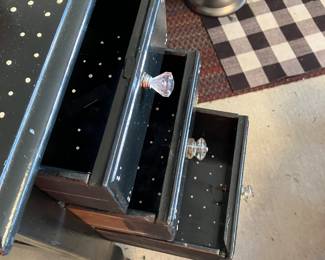 74 120.00 Imognene Nichols painted Side table with 3 drawers black painted with cats on both sides 15Wx17Dx30H
3 $80 Imogene Nichols - handpainted plant stand - wood