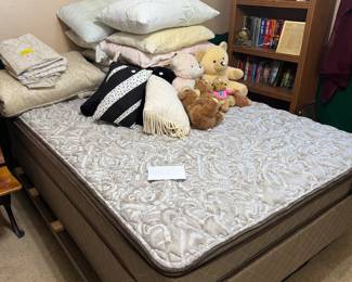 Full size mattress and box springs, pillows and stuffed animals