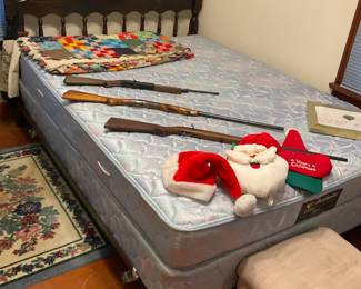 Queen Bed, Mattress & Box Springs, Guns, Quilt, Foot Stool