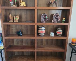 Bookcase, Metz Beer Banks 6” & 9”, Horse Head Bookends, Viking, Glass