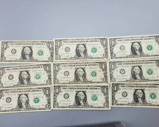 9 $1 U.S. Star Federal Reserve Notes

