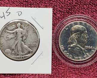 1945-D Walking Liberty & 1962 Franklin Half Dollars 90% Silver
