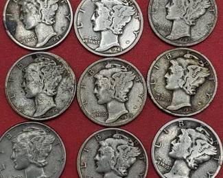 9 Mercury Dimes 90% Silver
