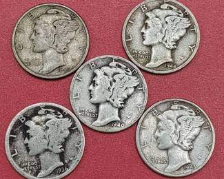 5 Mercury Dimes 90% Silver
