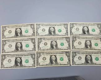 9 $1 U.S. Star Federal Reserve Notes
