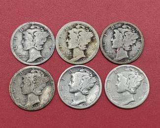 6 Mercury Dimes 90% Silver--1923, 1923-S, 1924-D, 1924-S, 1925 & 1927-D
