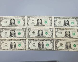 9 $1 U.S. Star Federal Reserve Notes
