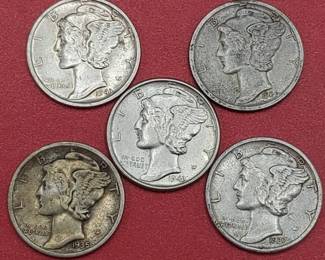 5 Mercury Dimes 90% Silver
