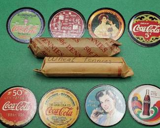 2 Rools Lincoln Wheat Cents & Set of 8 "Coke.Cap" Collectibles
