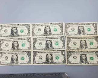9 $1 U.S. Star Federal Reserve Notes
