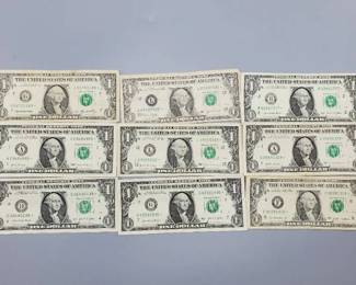 9 $1 U.S. Star Federal Reserve Notes
