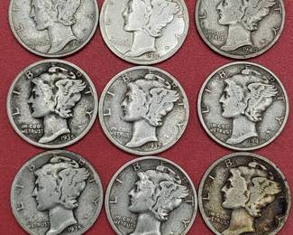 9 Mercury Dimes 90% Silver
