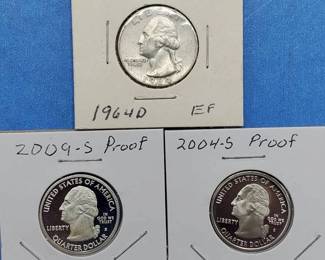 3 Washington Quarter 90% Silver, 1964-D, 2004-S Proof & 2009-S Proof
