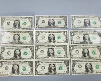 12 $1 U.S. Star Federal Reserve Notes--Some Are Crisp and in Sleeves
