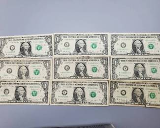 9 $1 U.S. Star Federal Reserve Notes
