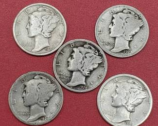 5 Mercury Dimes 90% Silver
