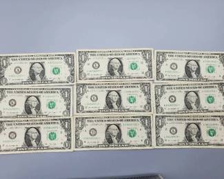 9 $1 U.S. Star Federal Reserve Notes
