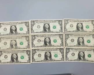 9 $1 U.S. Star Federal Reserve Notes
