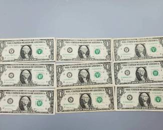 9 $1 U.S. Star Federal Reserve Notes
