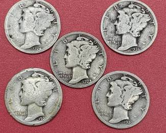 5 Mercury Dimes 90% Silver
