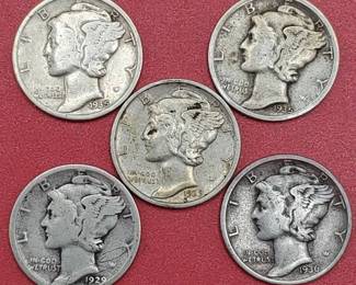 5 Mercury Dimes 90% Silver
