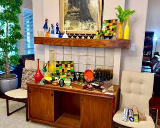 MCM CONSOLE TURNED BUFFET, 4 MCM DANISH VAMDROP CHAIRS.