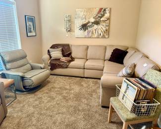 LARGE SECTIONAL, VINTAGE VINYLS, LPS, RECORDS, ROCK-N-ROLL.  MODERN LEATHER RECLINER.