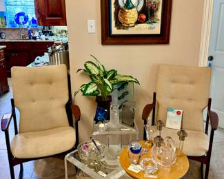 LUCITE TABLES, MCM DANISH CHAIRS, ART.